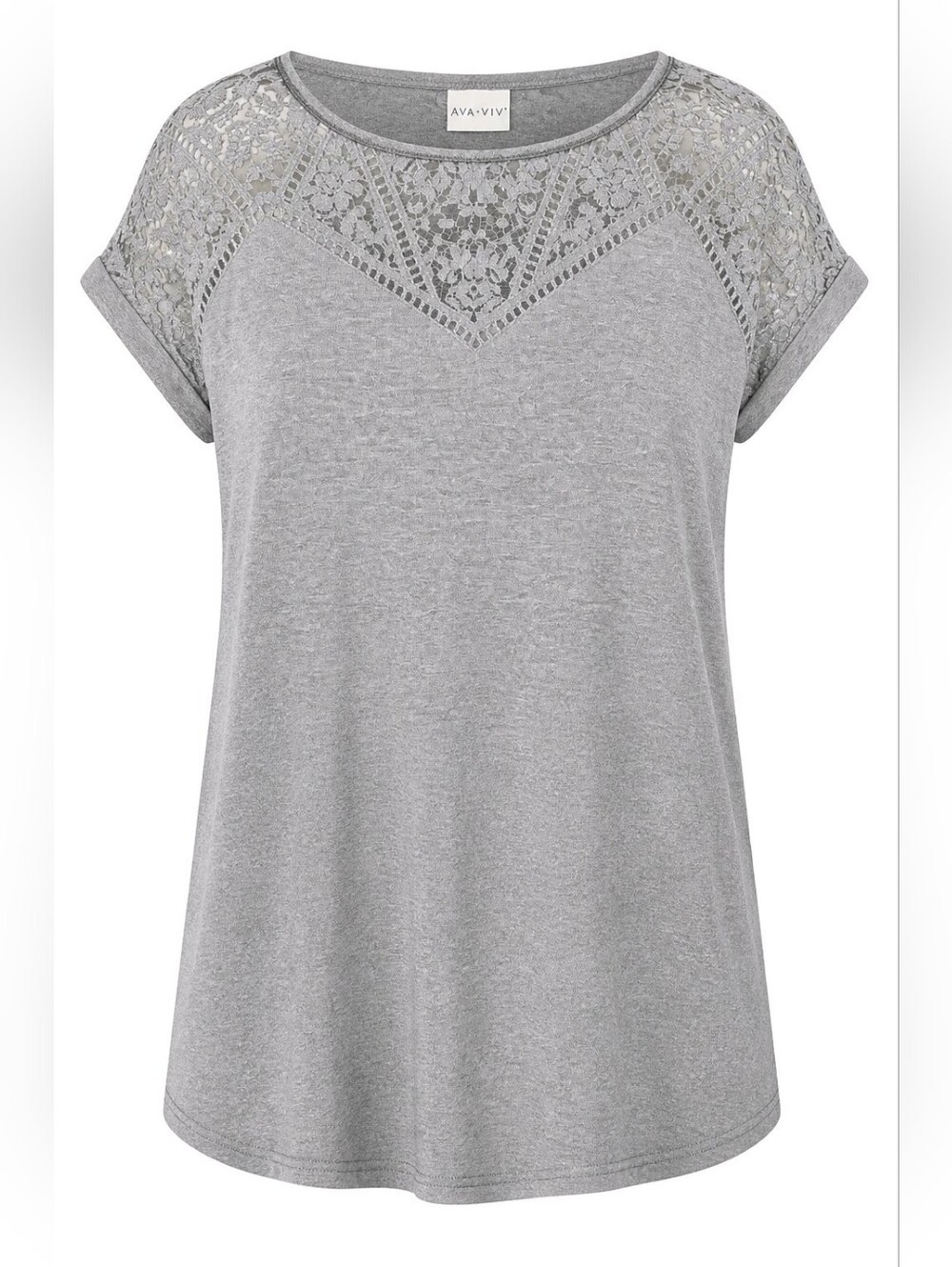 Ava & Viv Women's 1X Heather Grey T-Shirt Dress with Sheer Floral Lace Yoke 1046